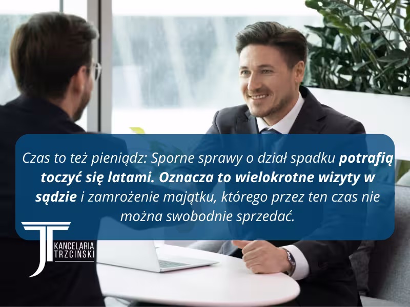 Grafika Kancelarii Trzciński przypominająca, że sporne sprawy o dział spadku potrafią toczyć się w sądzie latami.