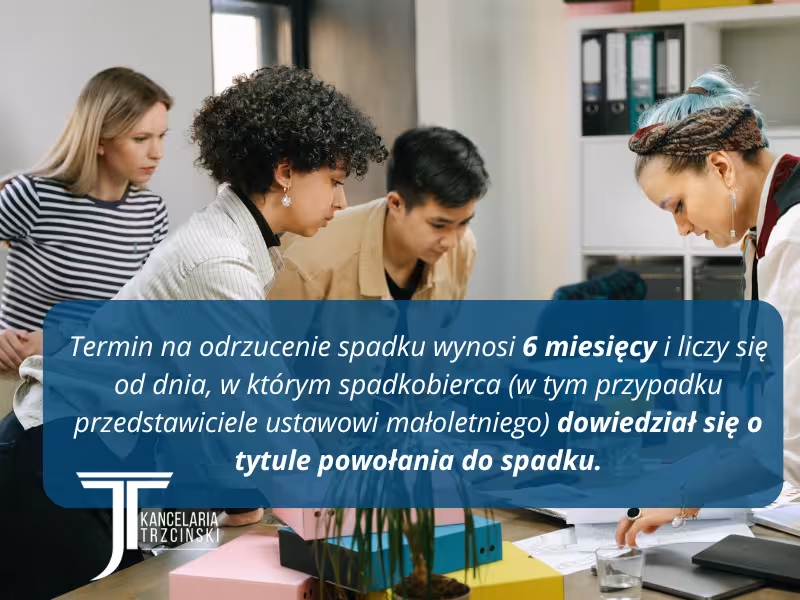 Grafika informacyjna: Termin na odrzucenie spadku przez małoletniego wynosi 6 miesięcy od dnia dowiedzenia się o tytule powołania.